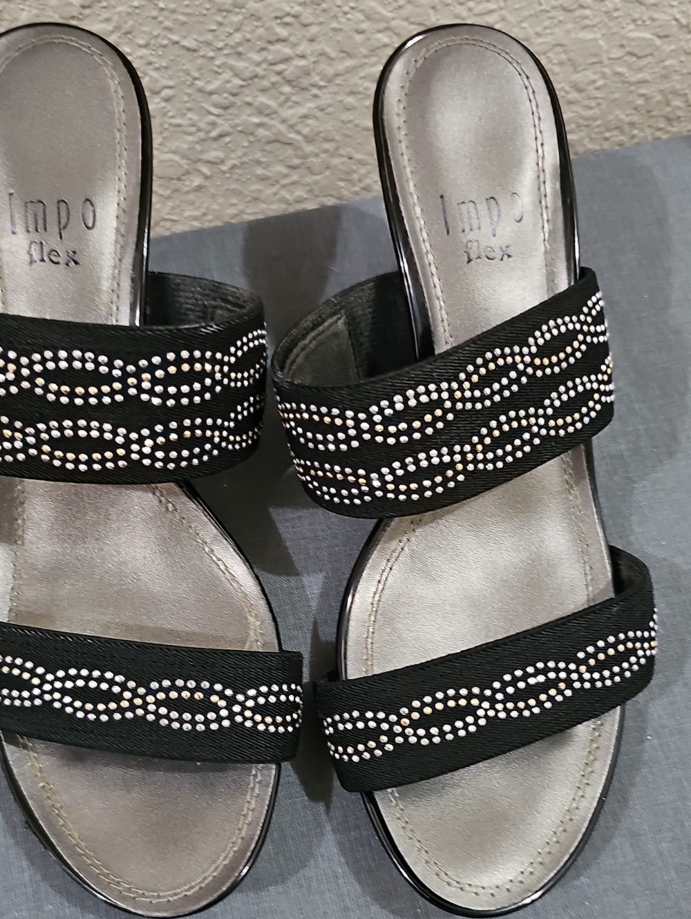 Black Embellished Double-Strap Slide Sandals By Impo Flex